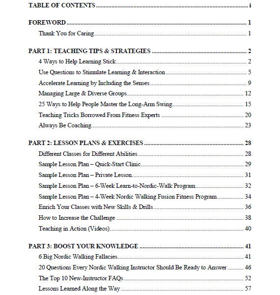 Guide to Nordic Walking for Instructors Table of Contents